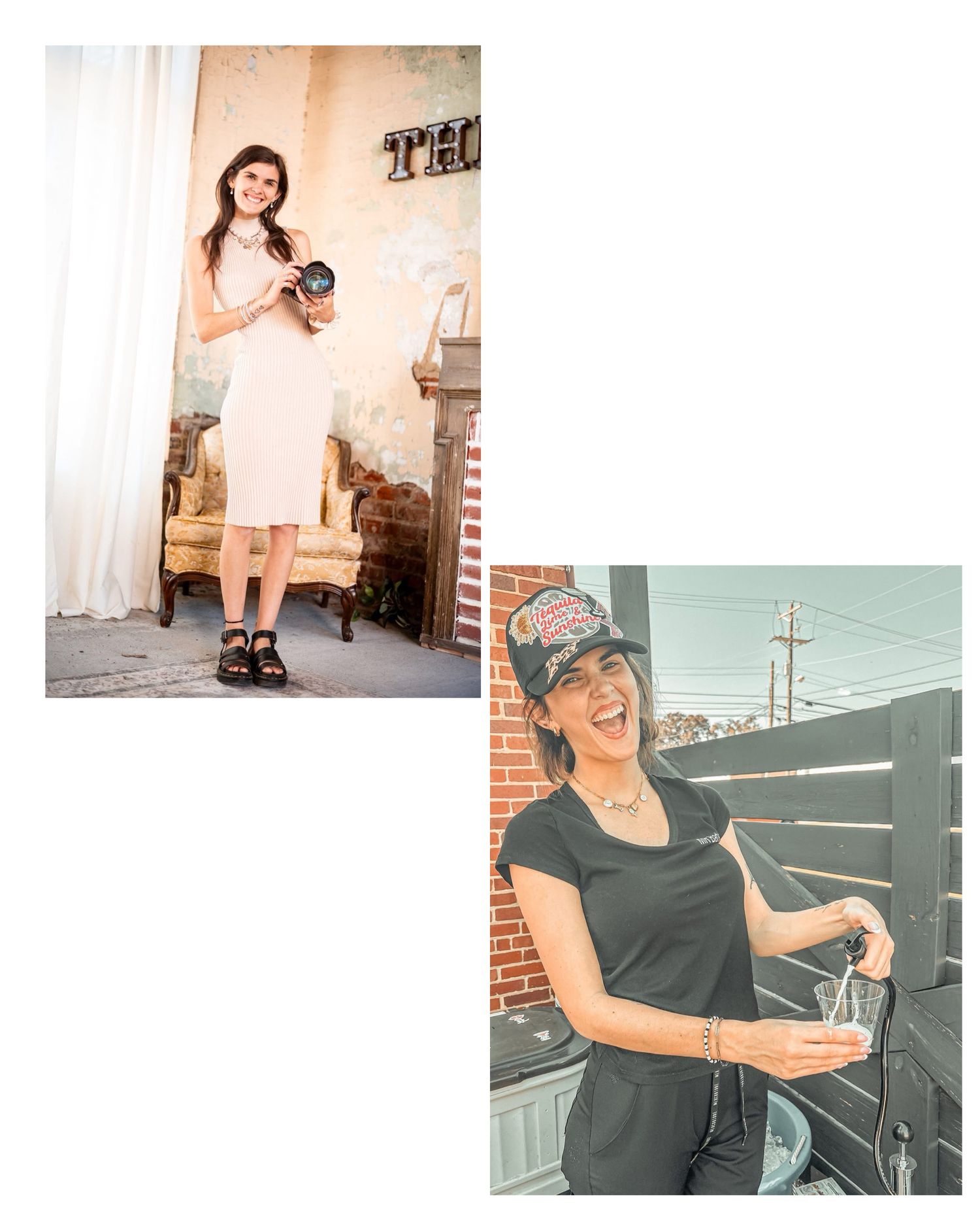 Two photos: woman in pink dress holding camera indoors, and woman in cap smiling outdoors near brick wall.