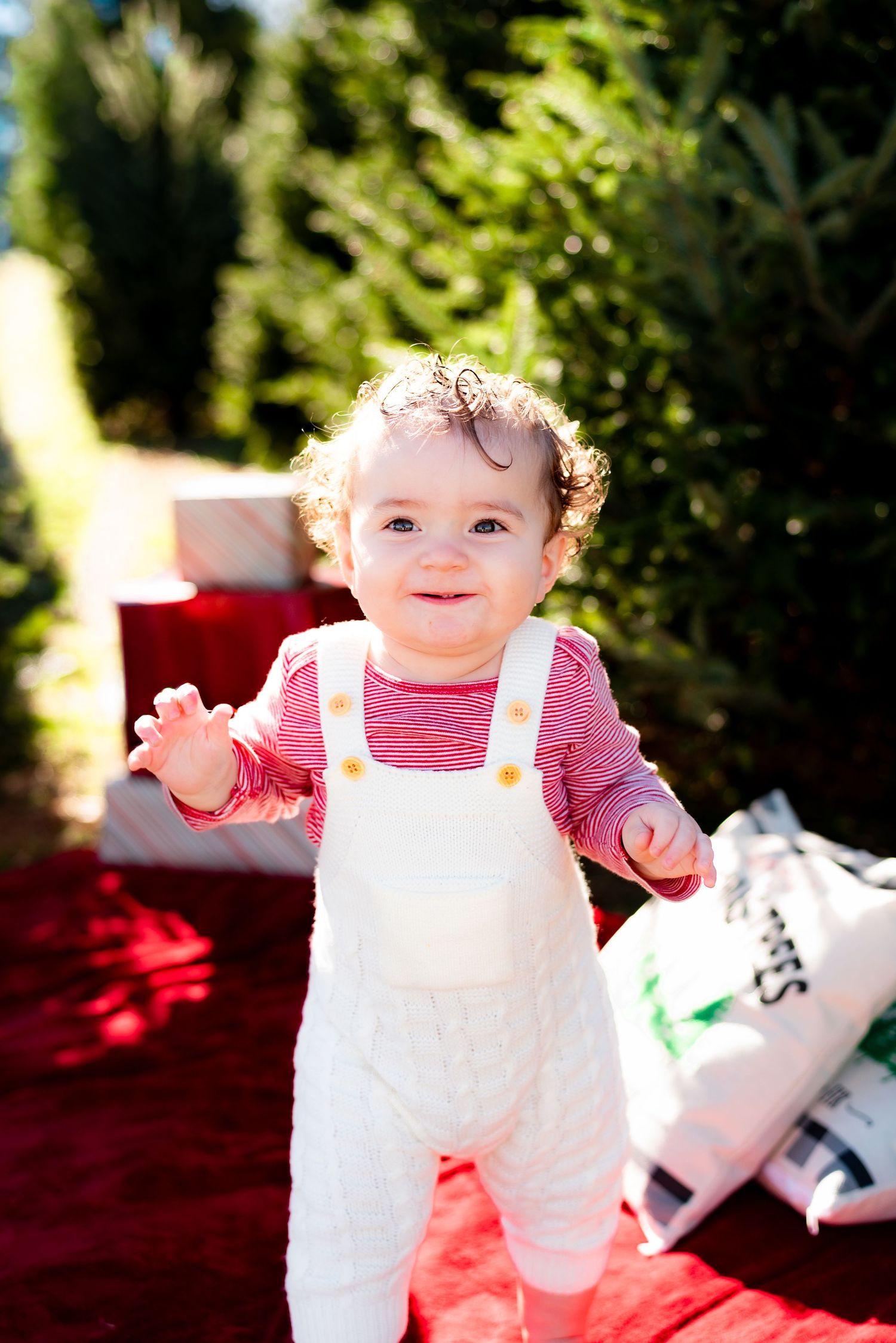 Baby in white overalls smiling and playing at Christmas tree farm.