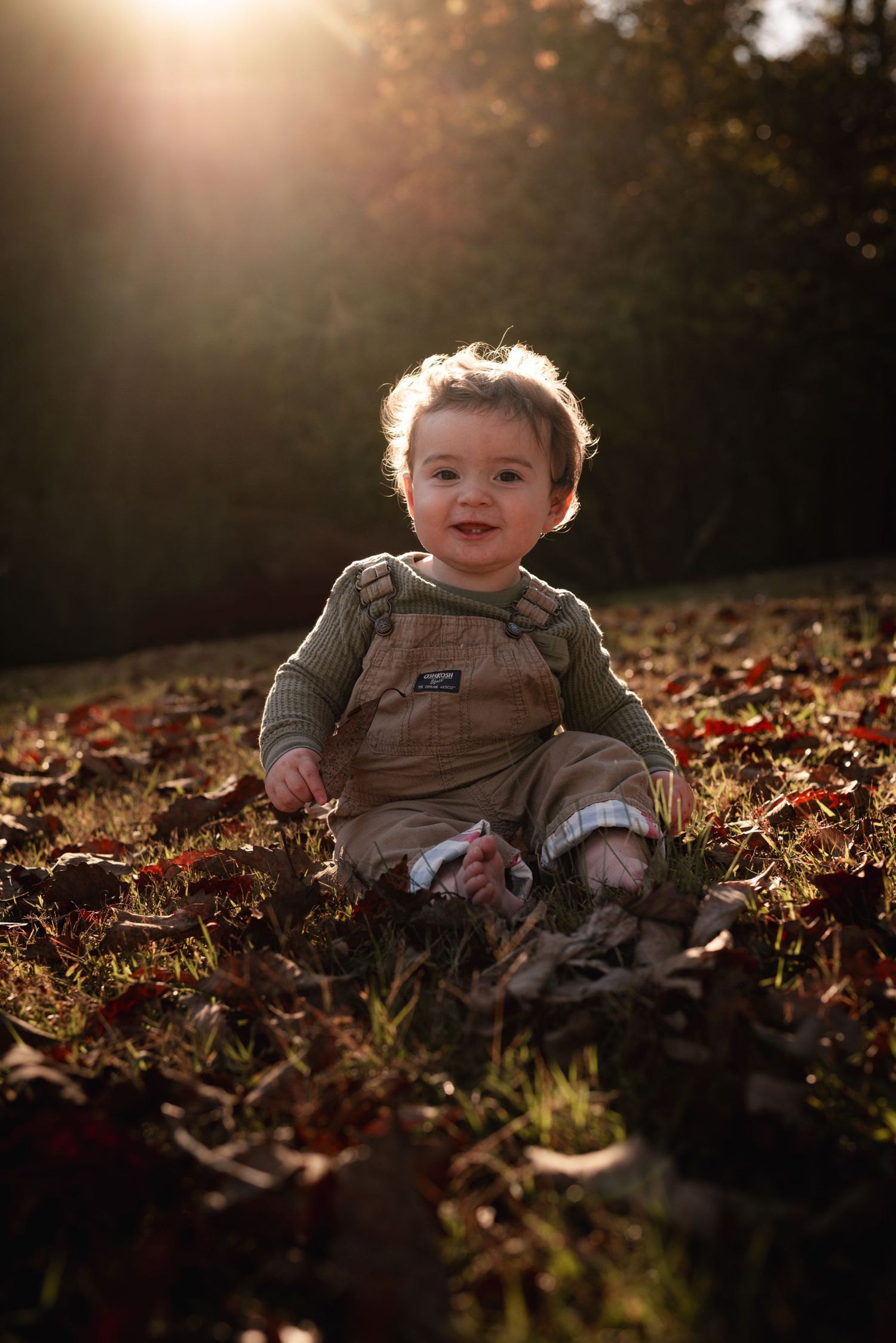 Baby wearing tan outfit sits on ground covered in fall foliage at sunset.