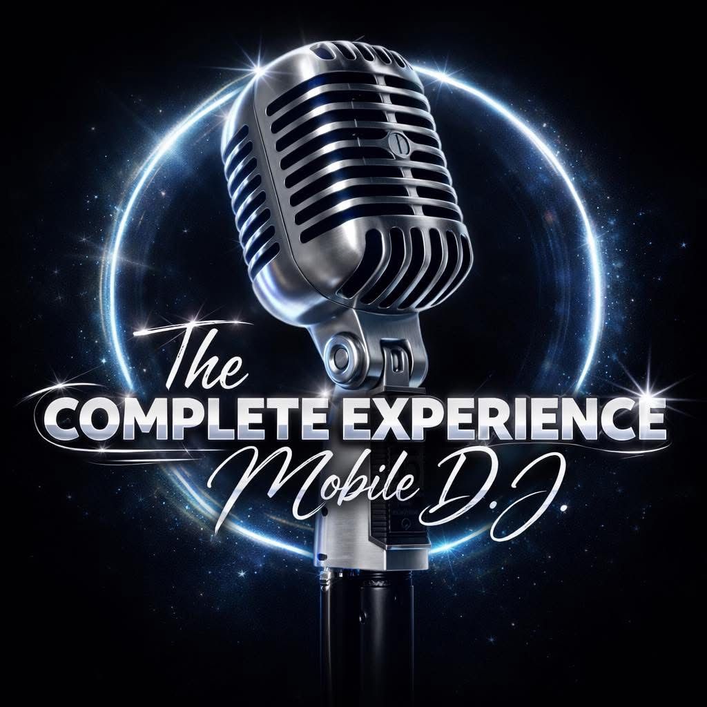 Logo for The Complete Experience Mobile DJ featuring a vintage microphone with glowing blue neon circle on dark background.