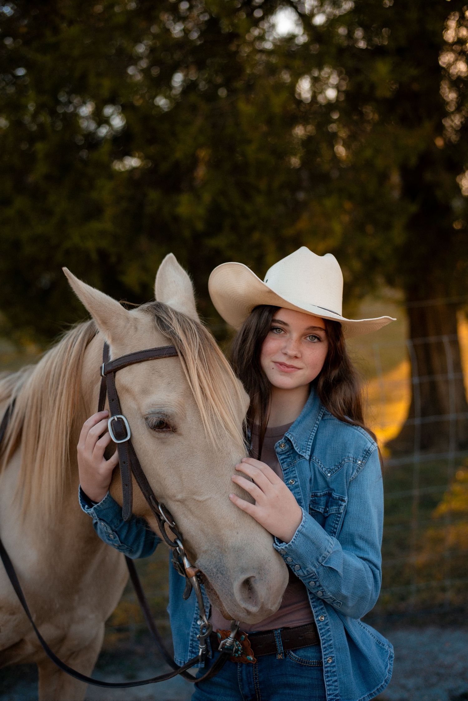 A beautiful palomino horse and person in denim jacket share tender moments at sunset among trees.