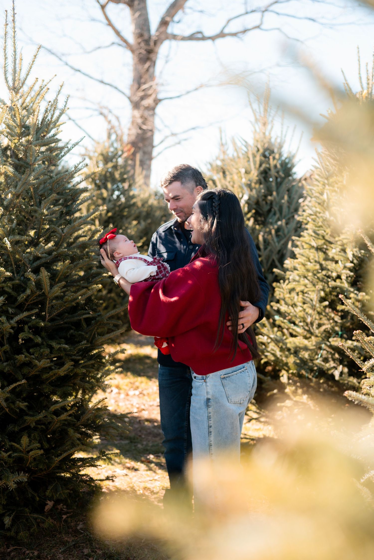 Family sharing joyful moments among evergreen trees at Christmas tree farm.