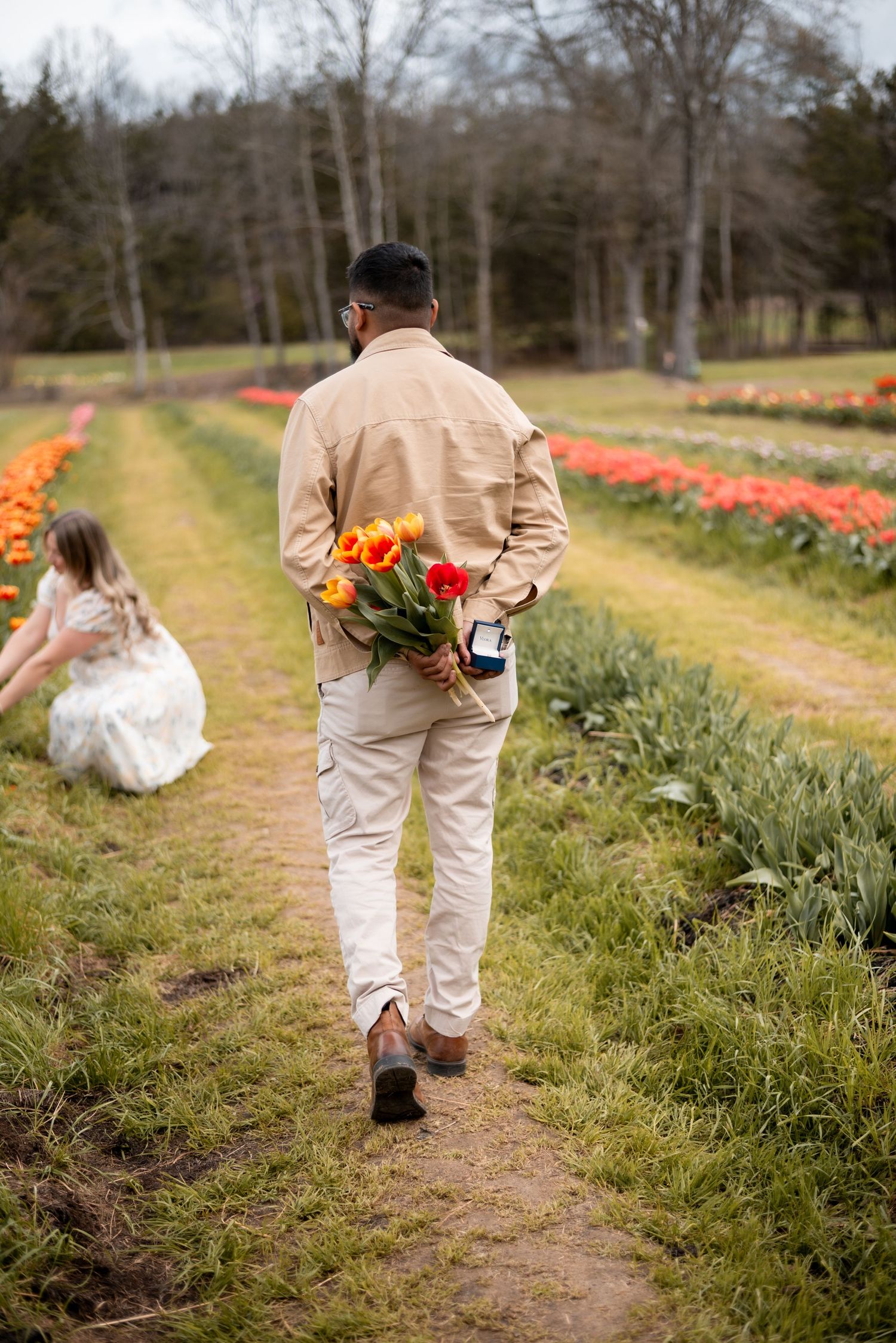 Man walking through tulip field holding orange flowers and a ring box behind his back toward a woman in a white dress.