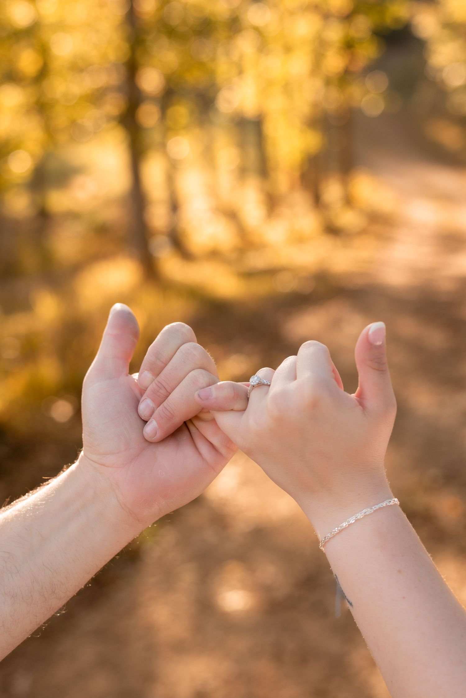 Two hands link pinky fingers in a promise gesture against golden autumn sunlight.