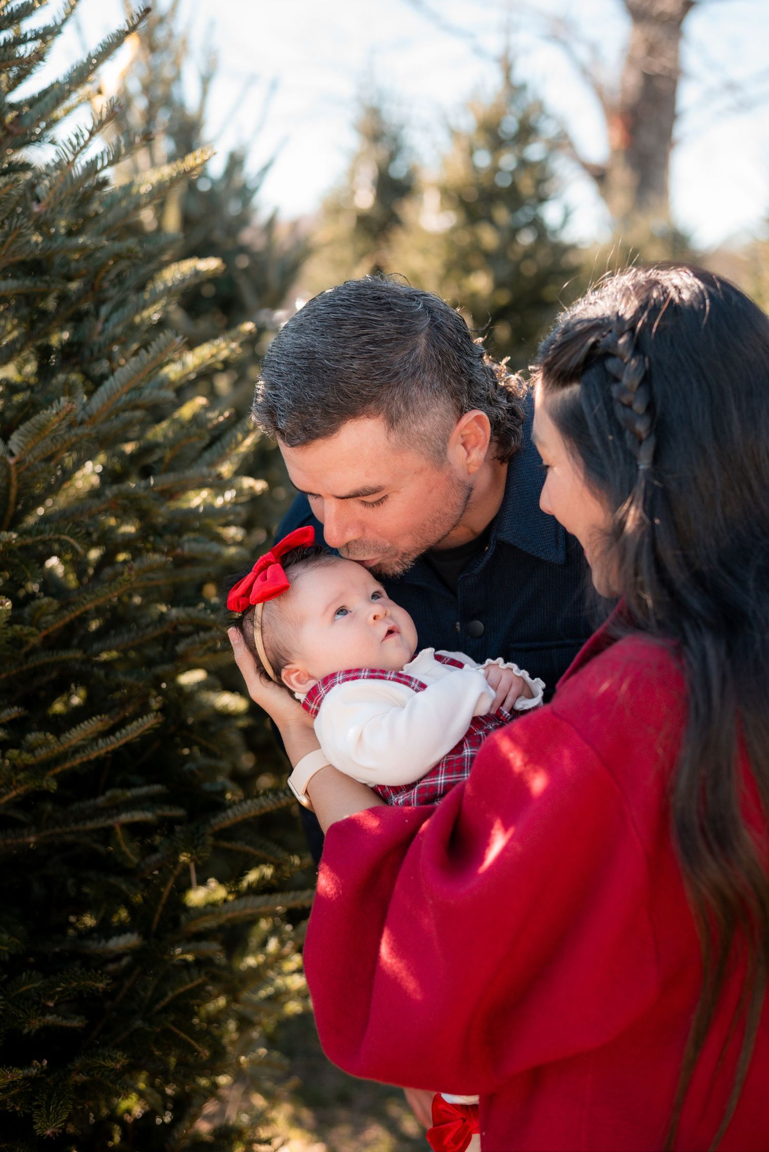 Family embracing and sharing tender moment among Christmas trees during holiday photoshoot.
