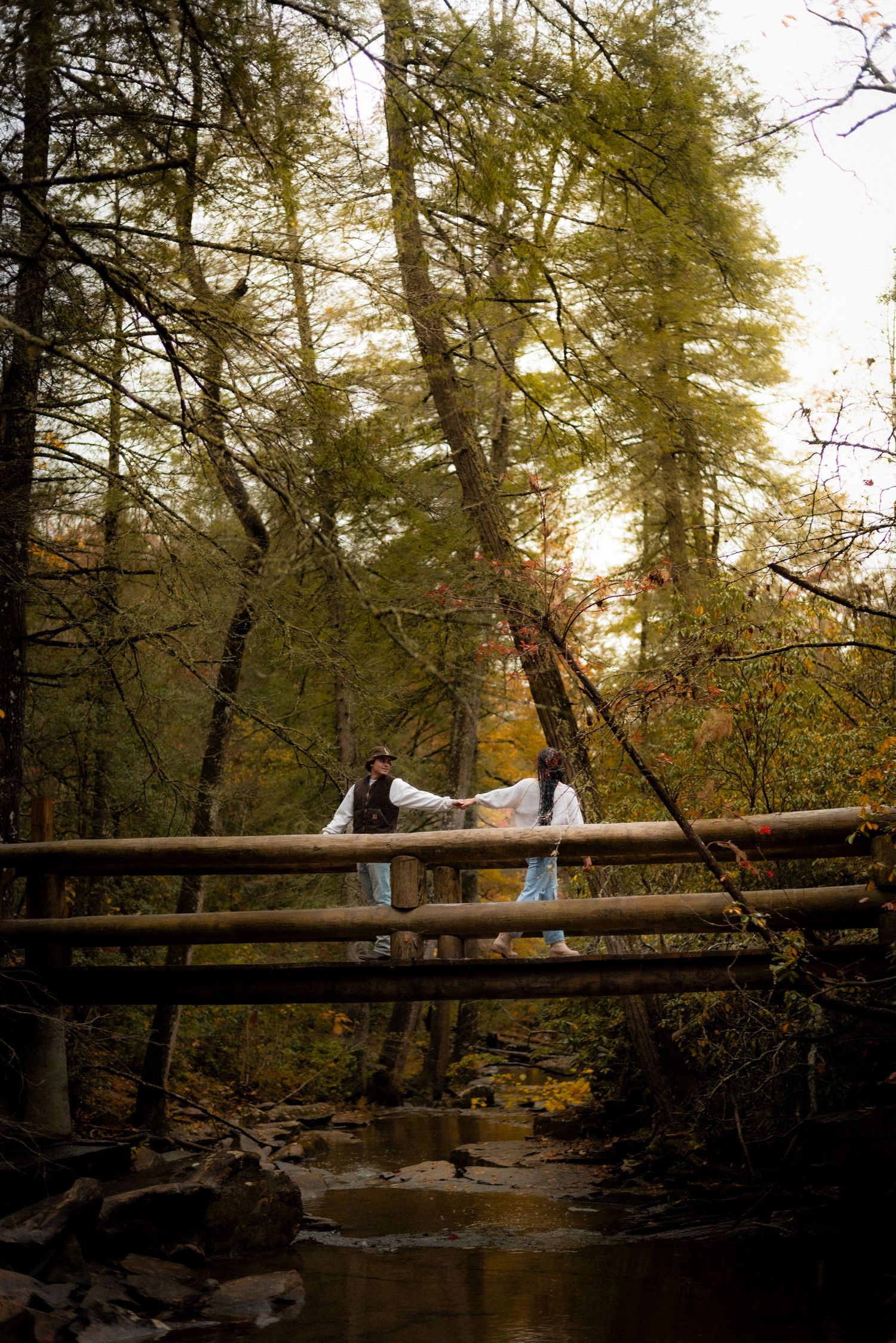 A silhouetted couple sits on a wooden bridge in a serene forest setting.