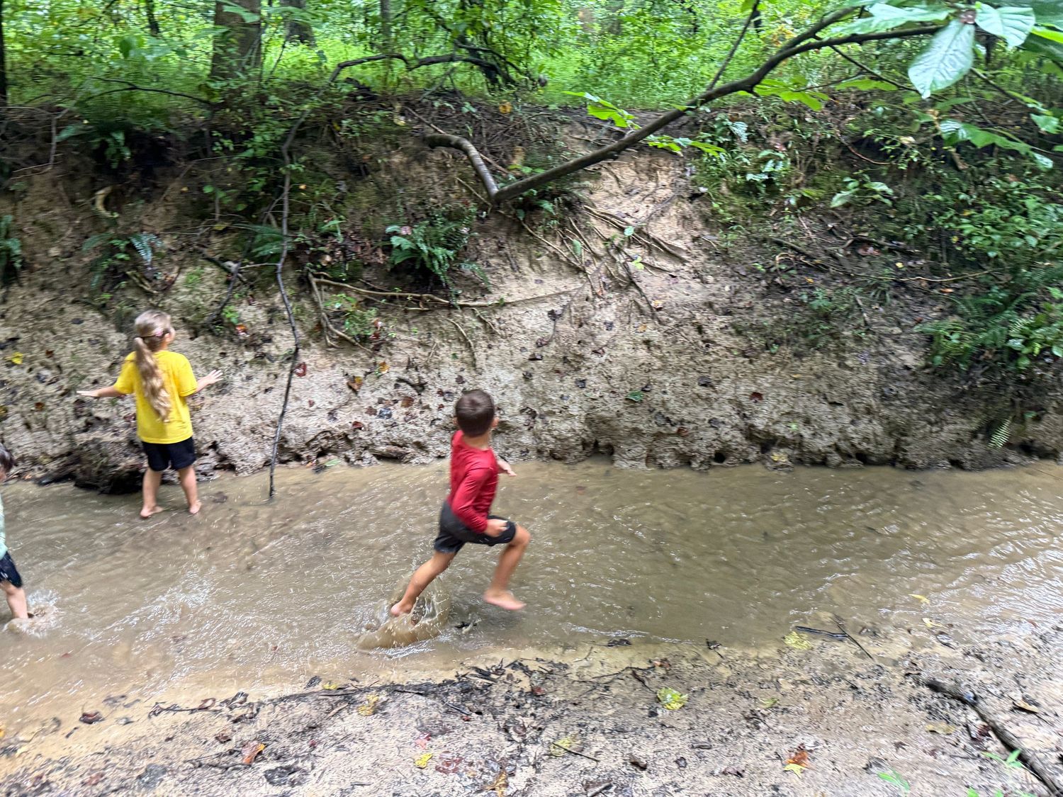 Two children leap and splash through a muddy puddle near a dirt embankment in the woods.