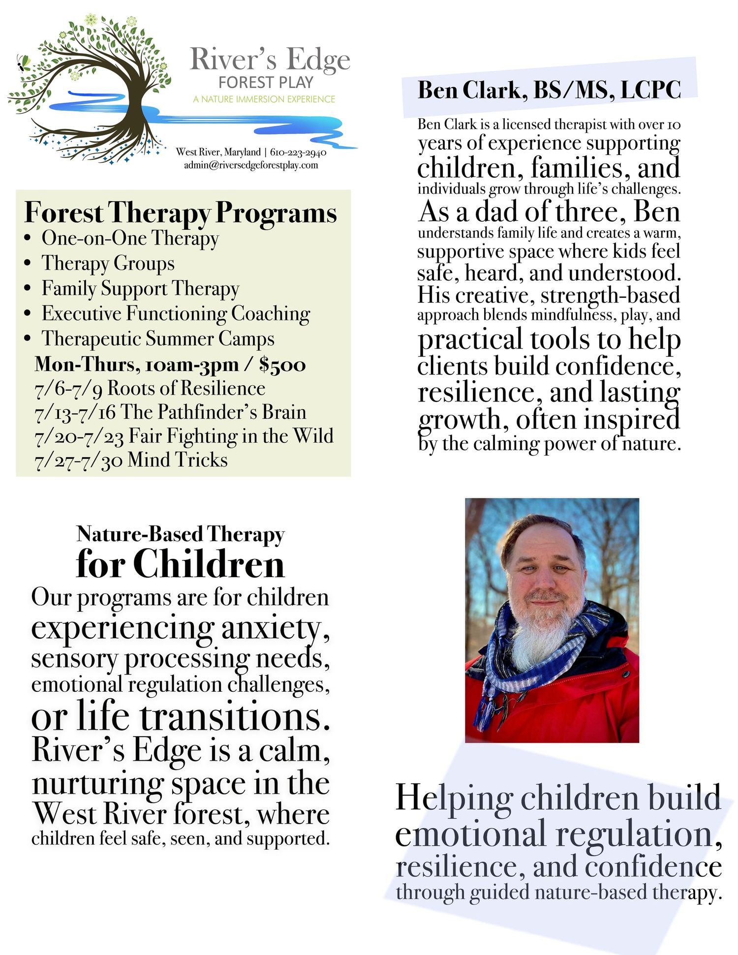 River's Edge Forest Play therapy programs flyer featuring Ben Clark LCPC offering nature-based therapy for children in West River Maryland.