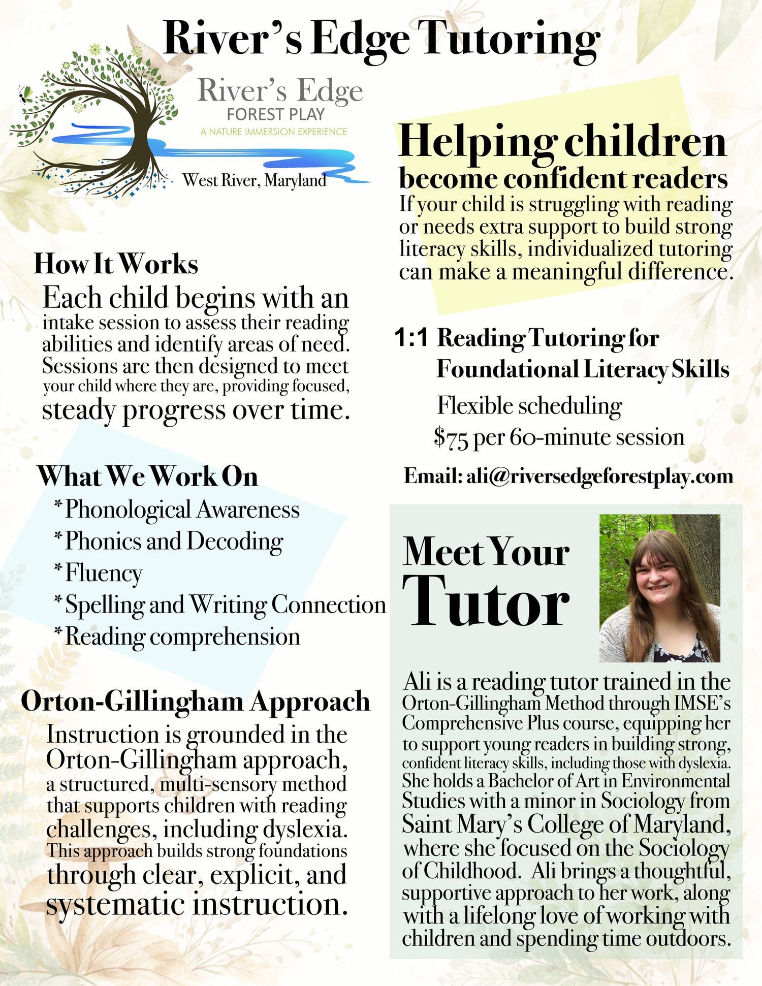 River's Edge Tutoring flyer offering 1:1 reading tutoring using Orton-Gillingham methods in West River, Maryland.