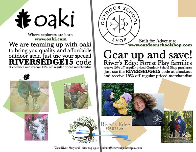 River's Edge Forest Play partners with Oaki and Outdoor School Shop for 15% off outdoor gear.