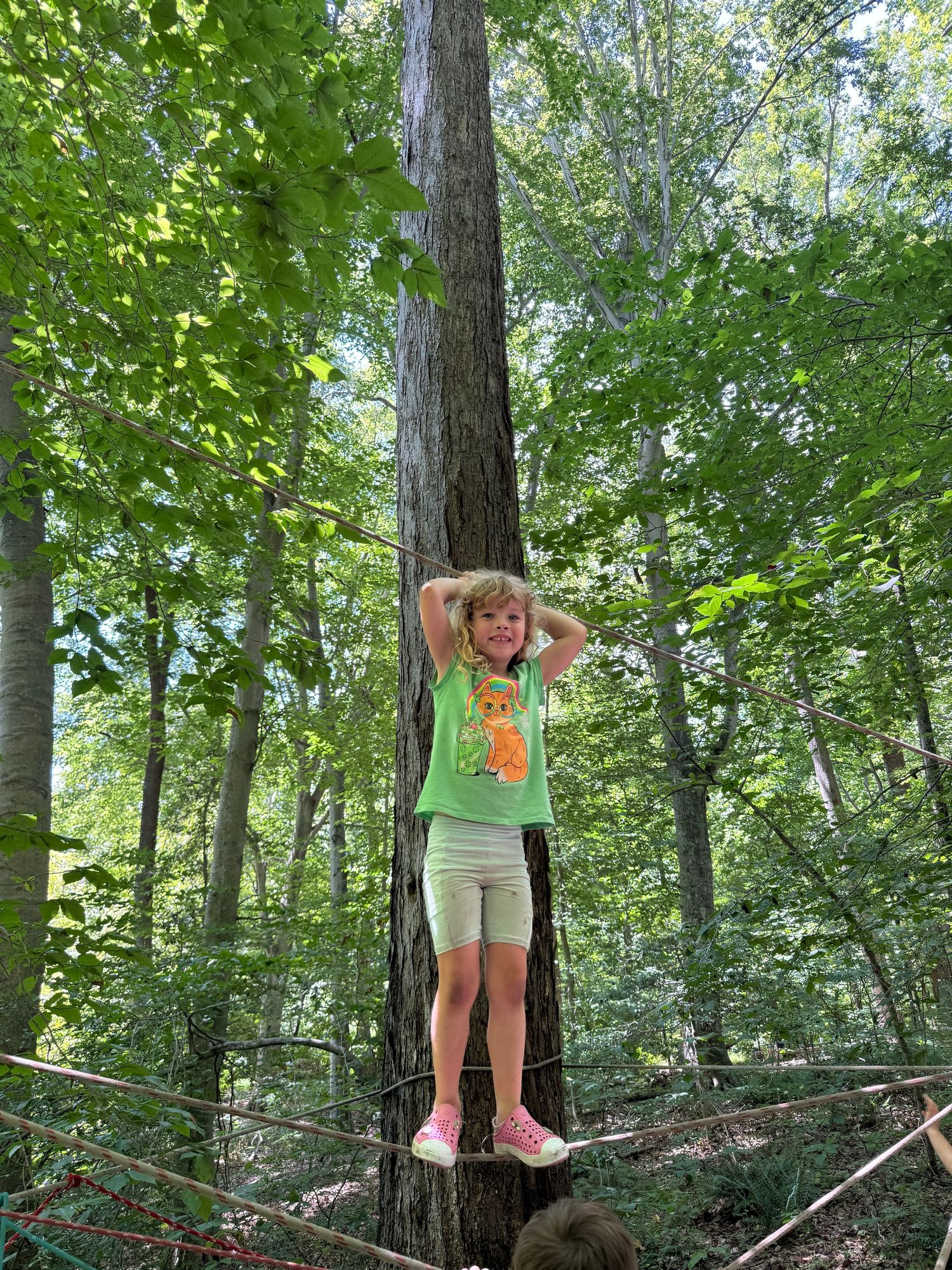 Young girl stands triumphantly on a rope between trees in a sunlit green forest.
