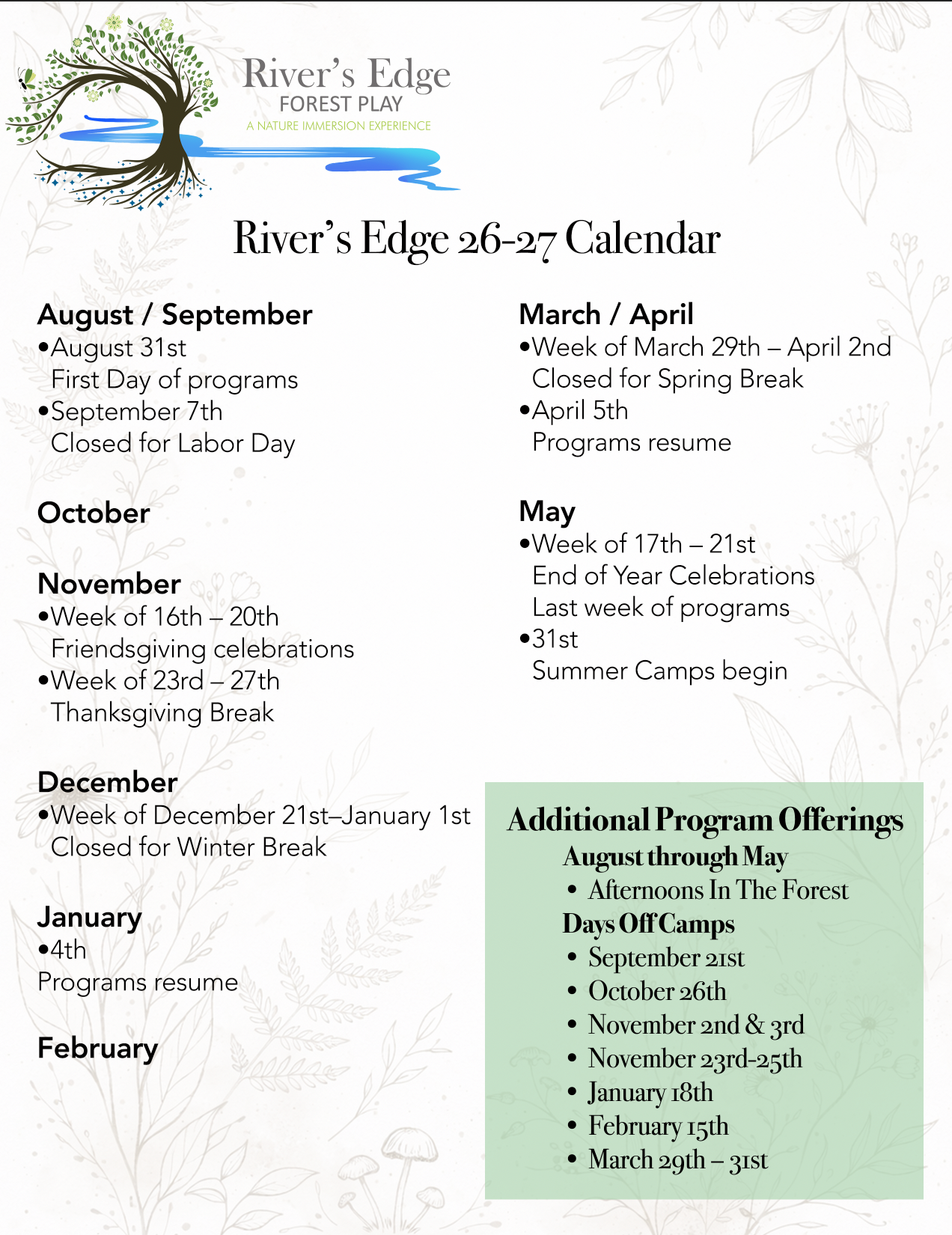 River's Edge Forest Play 26-27 academic calendar listing program dates, holidays, and additional offerings from August through May.