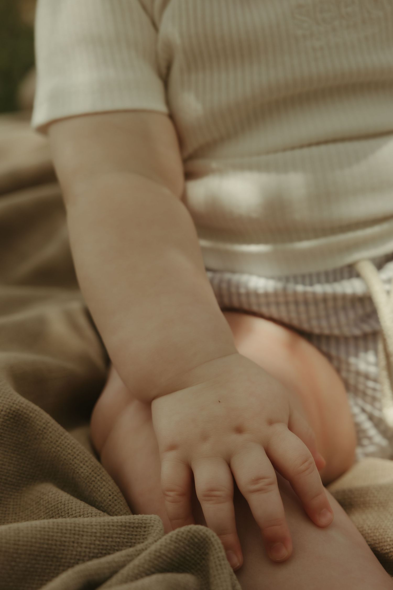 Close-up of child’s hands
Child’s small hands resting gently on fabric during an in-home family photography session in Ipswich