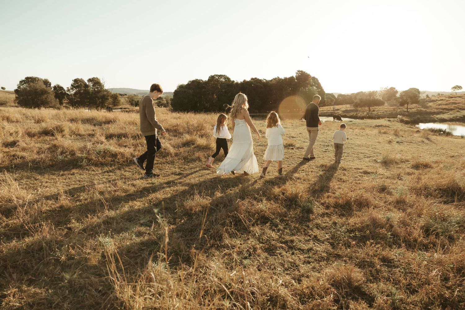Family wandering through a sunlit paddock at golden hour, captured in a heartfelt Ipswich family session.