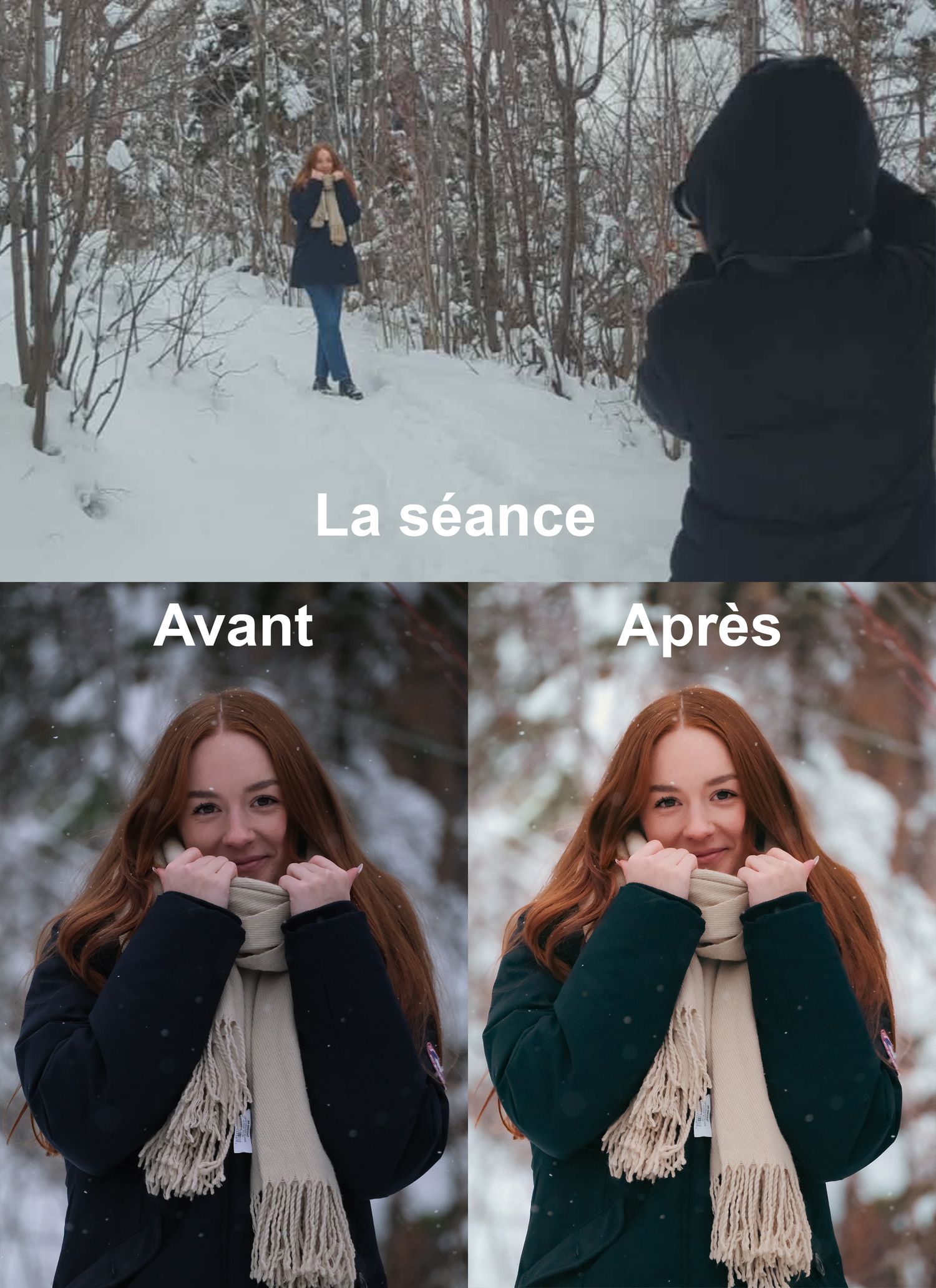 Winter portrait series showing a person in a dark coat and beige scarf against snowy trees.