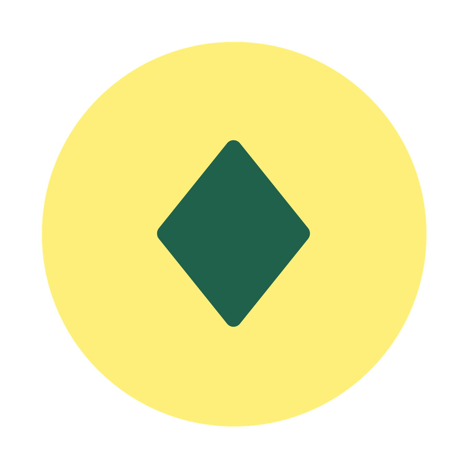 A dark green diamond shape centered on a pale yellow circular background.