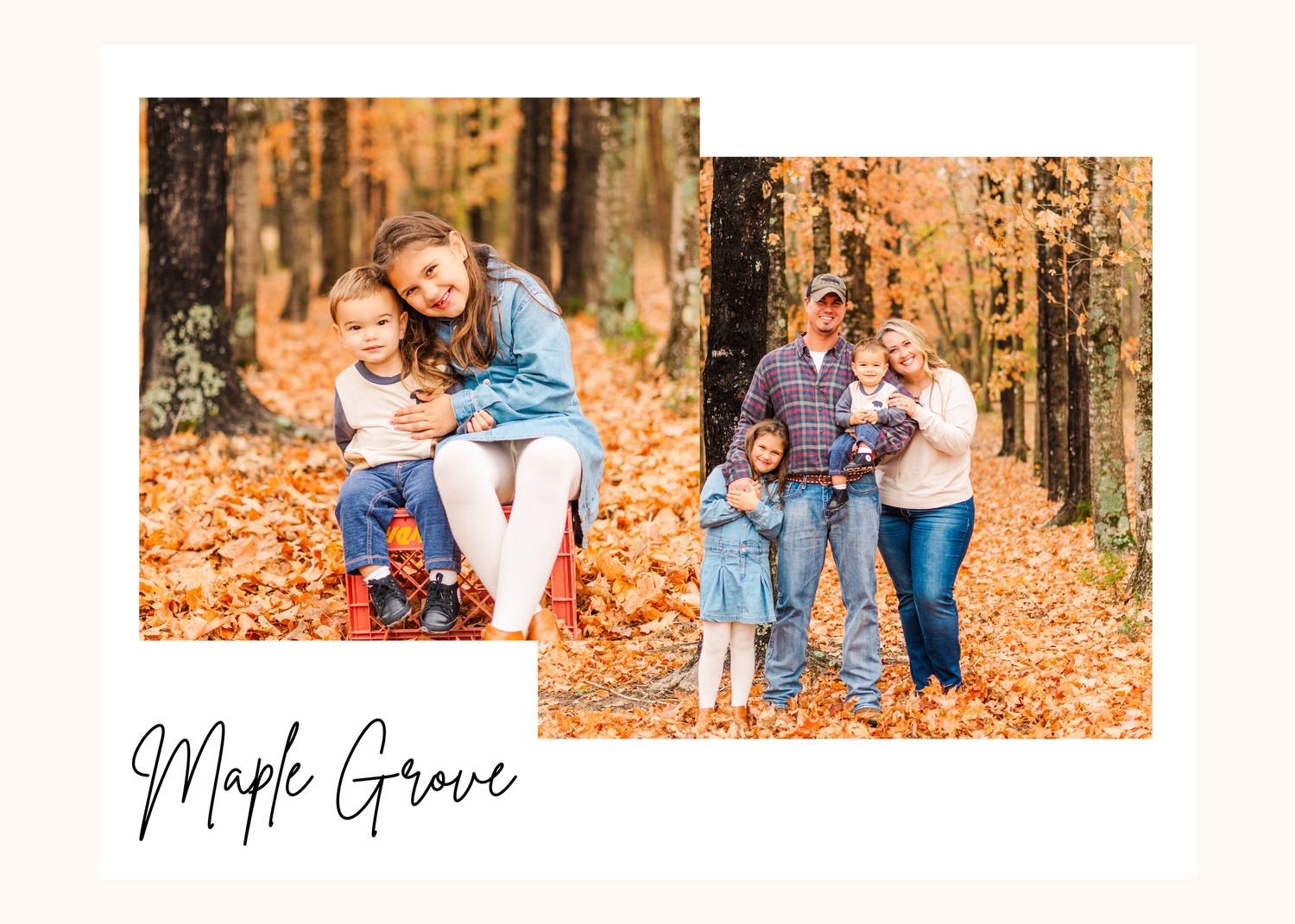 A family enjoys a fall photoshoot together in a forest filled with golden autumn leaves.