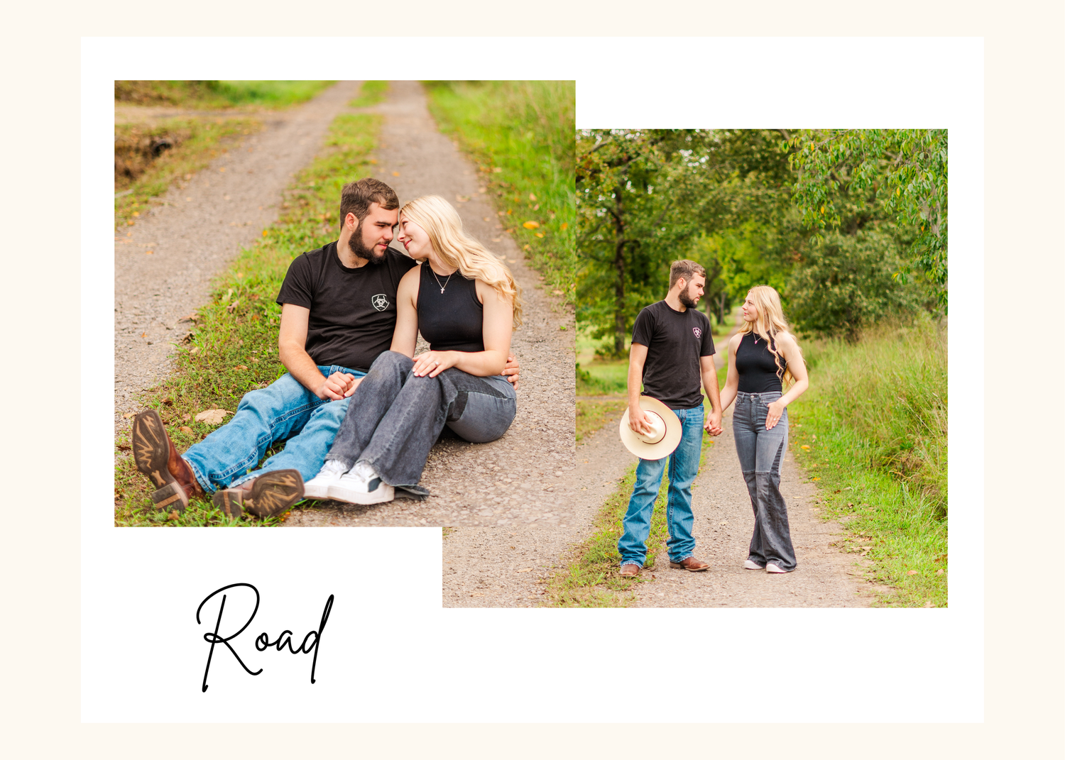 Two couples share a romantic moment together on a dirt path surrounded by green foliage on a sunny day.
