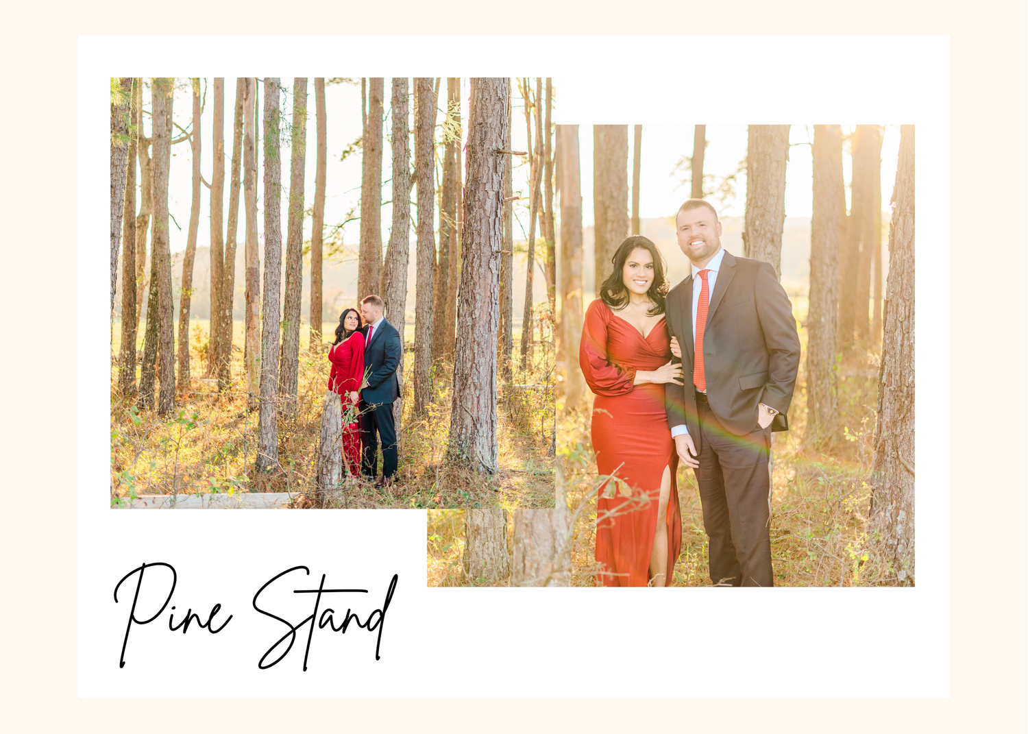A couple poses in a sunlit forest during autumn while another couple stands in the background.