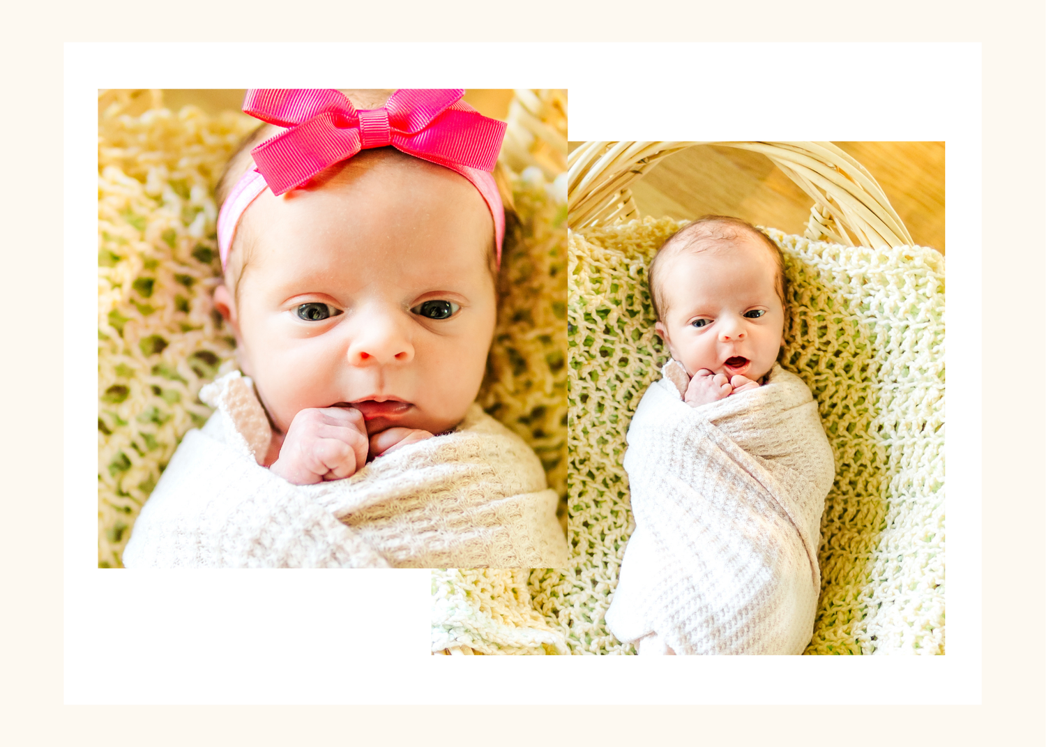 A series of five connected photos showing a baby wearing a pink bow headband while lying on a textured cream blanket.