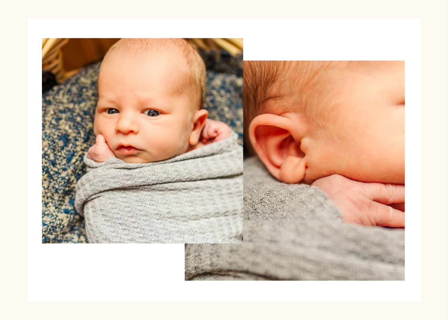 A collage of close-up baby portraits in soft gray tones showing gentle sleeping poses and peaceful expressions.