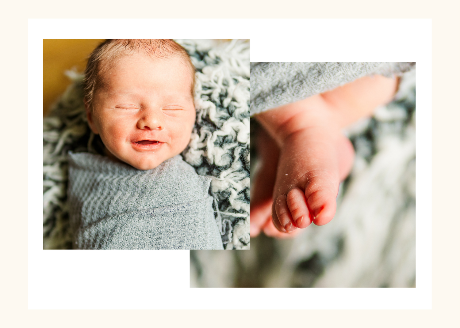 A series of soft, intimate newborn photography details showing tiny hands and feet in grey knit against a light background.