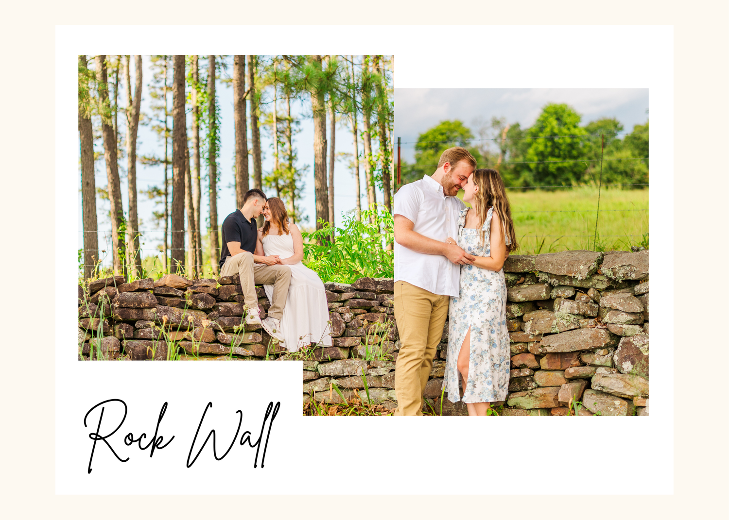 A couple shares romantic moments in a natural outdoor setting with stone walls and pine trees in the background.