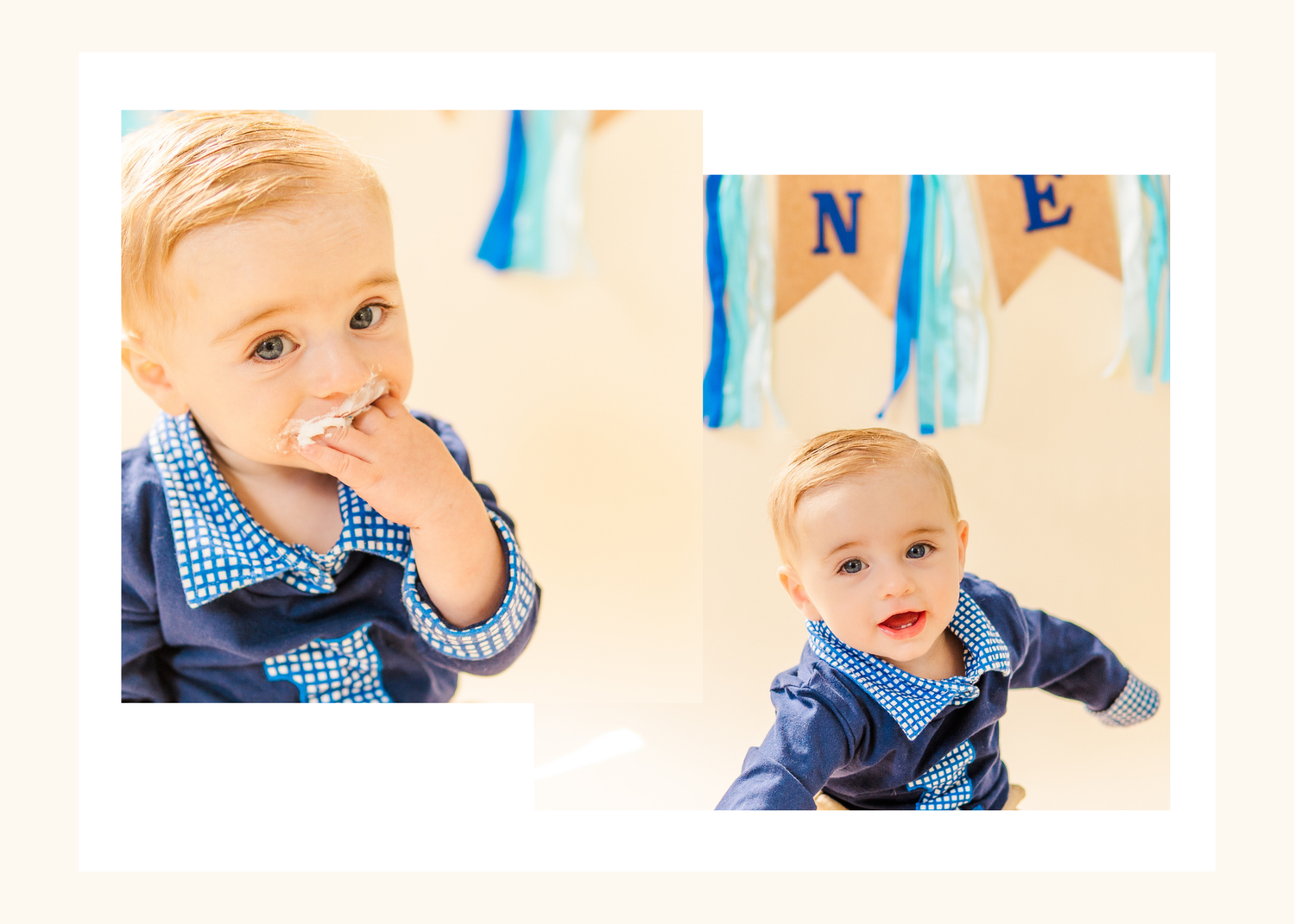 A series of connected photos showing a baby in blue gingham outfit playing and making expressions against a white backdrop.