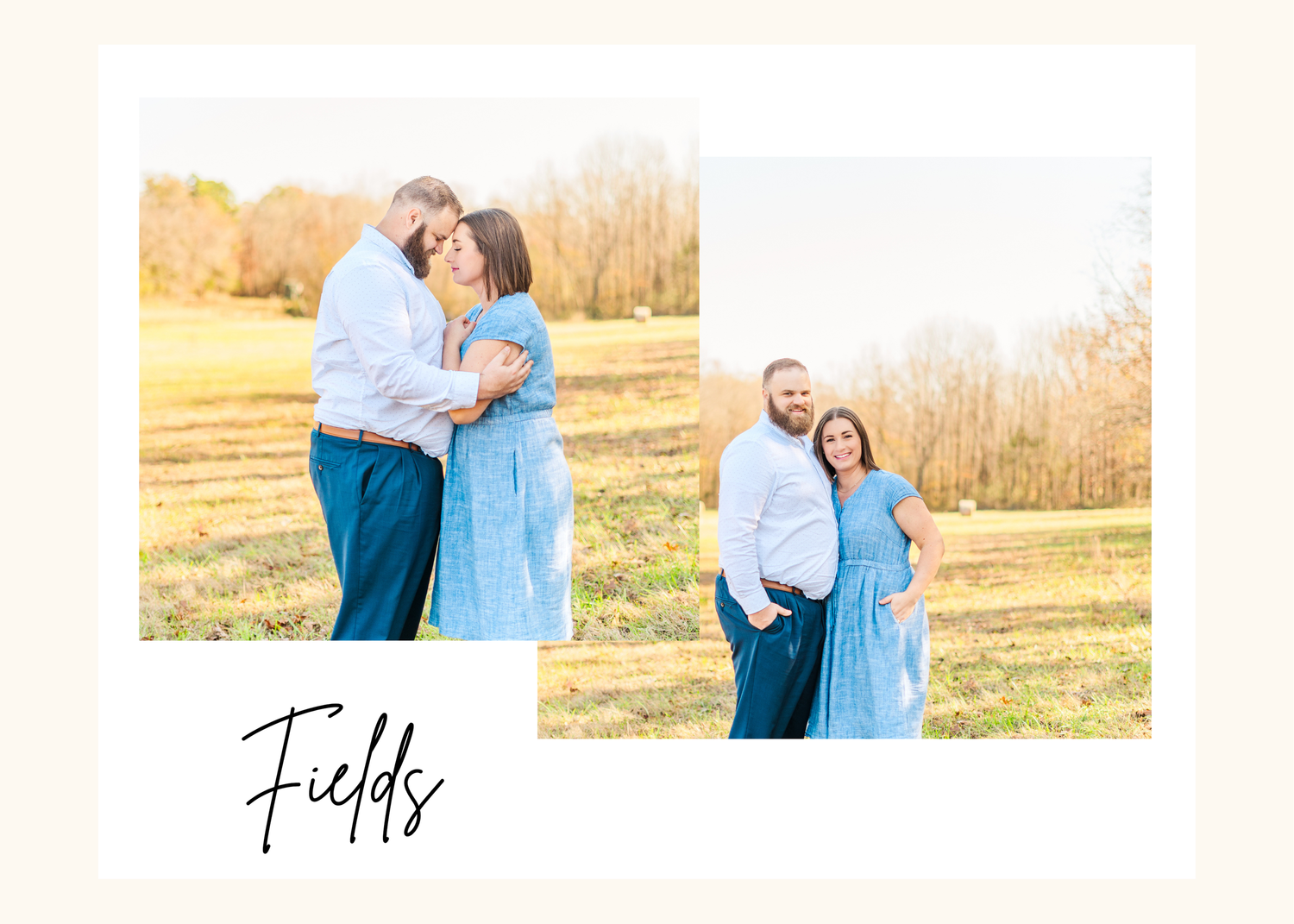 A couple embraces in a golden field during sunset while wearing coordinating blue and white outfits for their engagement photos.