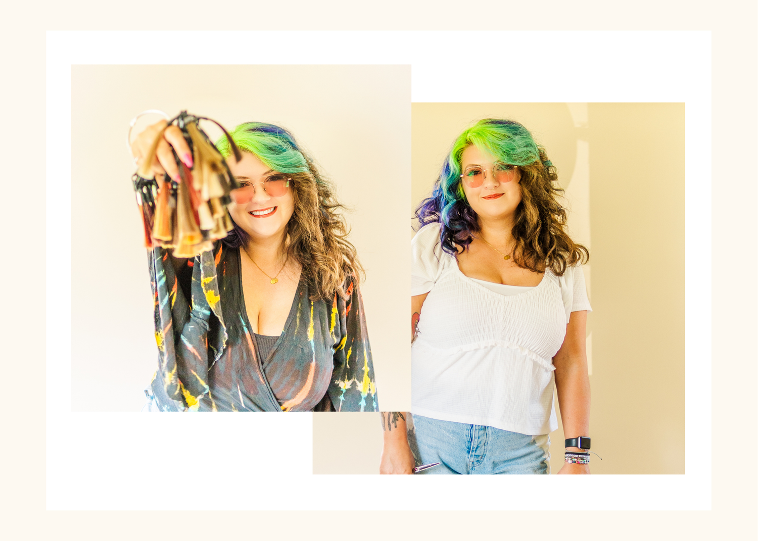 Two casual style photos showing someone wearing a green headband and wavy hair in a light beige interior setting.