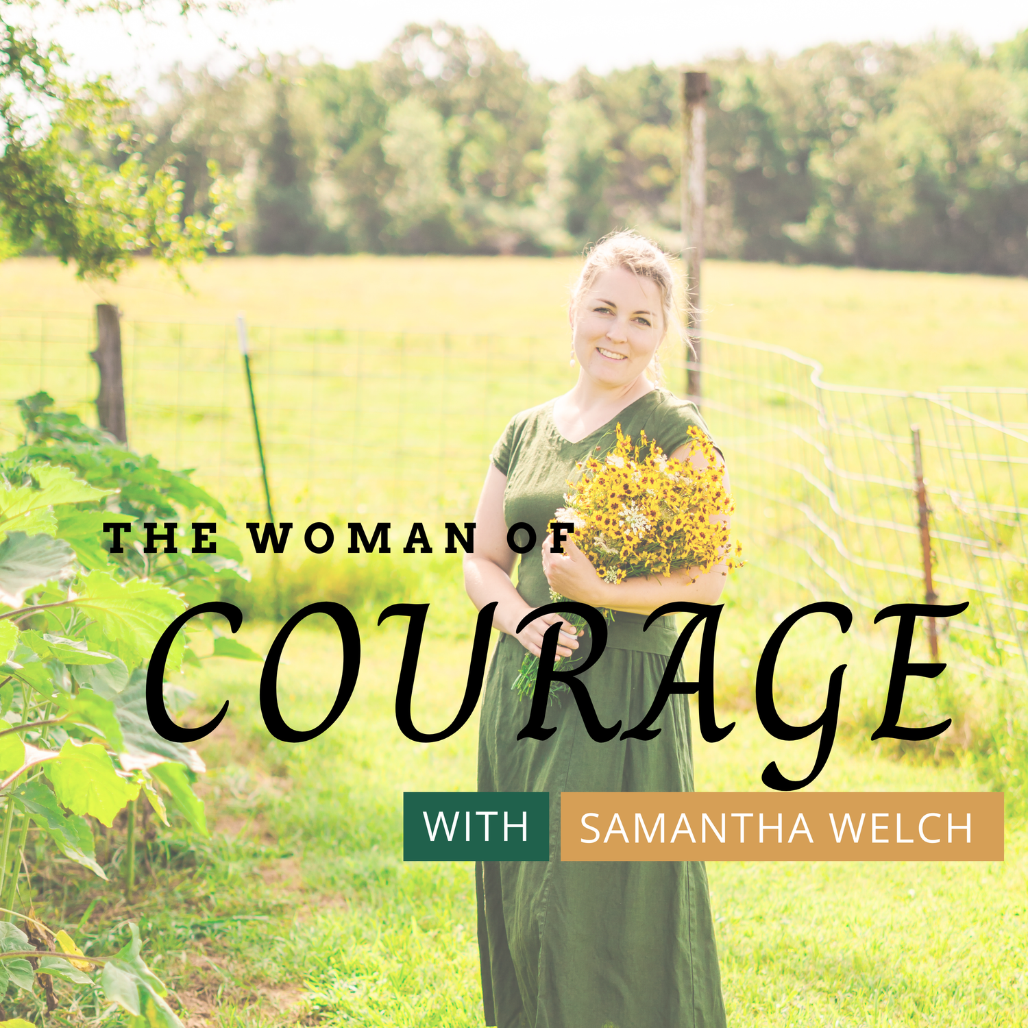 Collage of green and natural outdoor photography with text overlay for 'The Woman of Courage' branding.