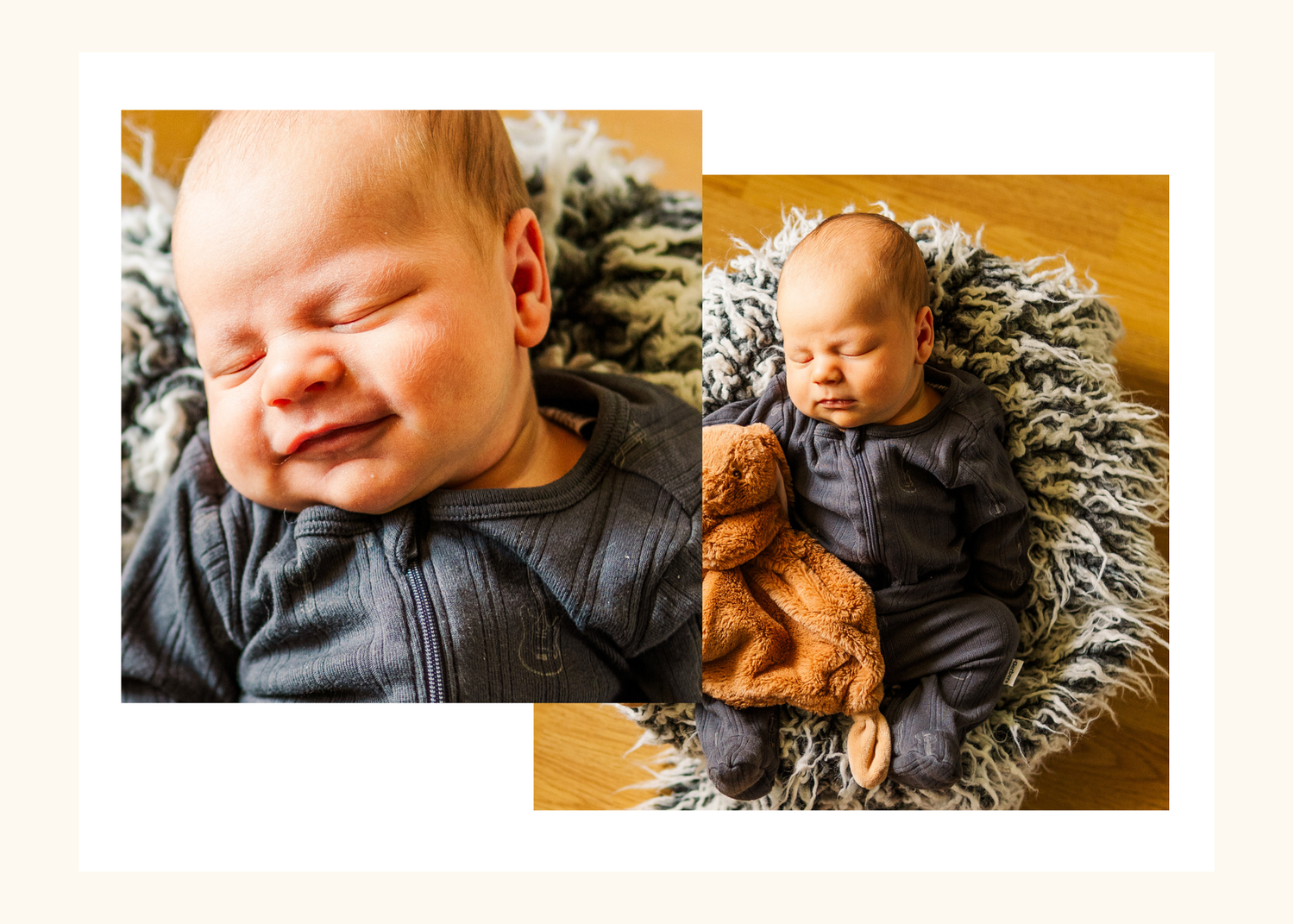 A sleeping baby wearing a dark gray outfit lies on a golden blanket with a textured fur trim.