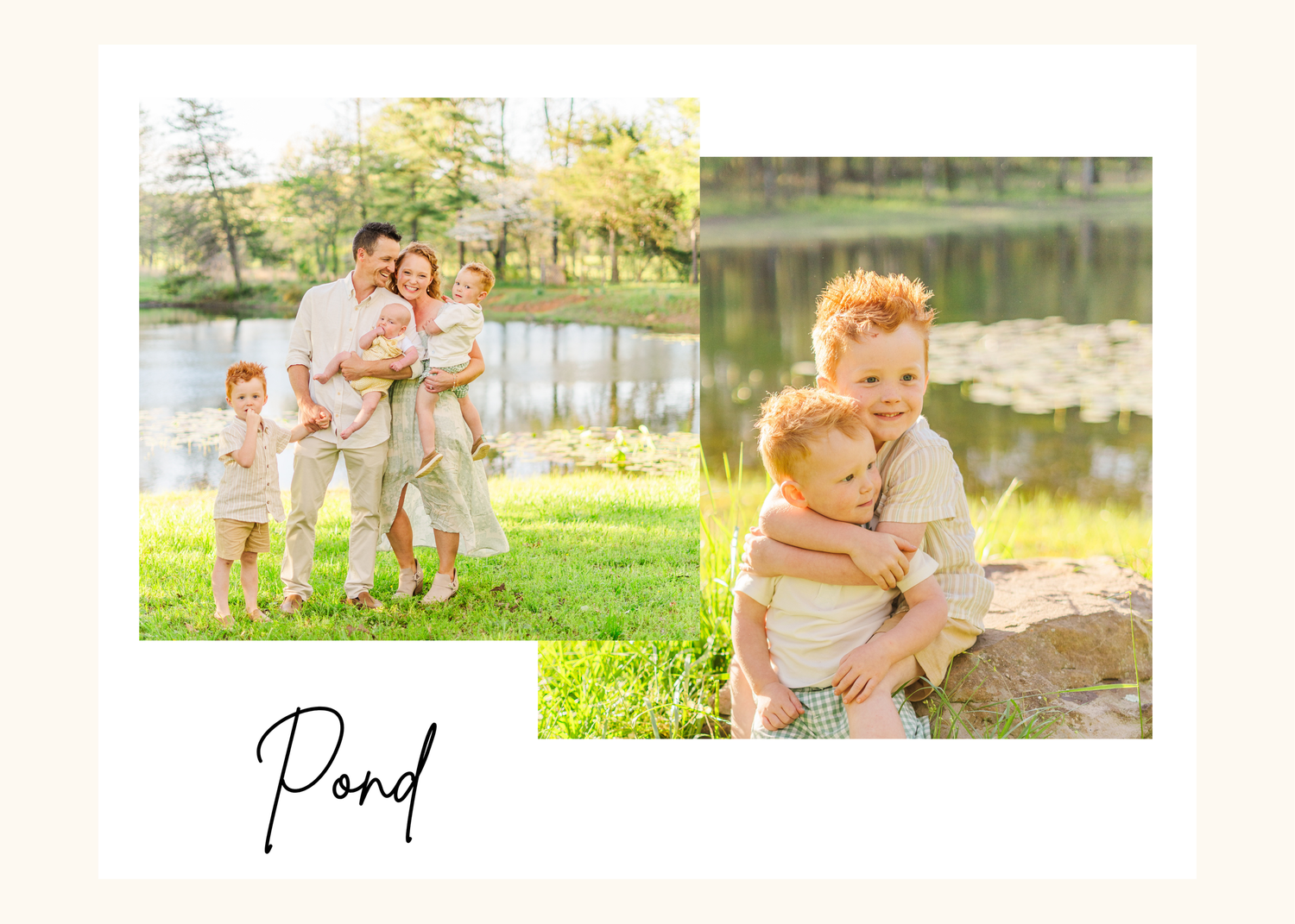 Family enjoying a sunny outdoor photoshoot near a scenic pond with natural lighting and greenery in the background.