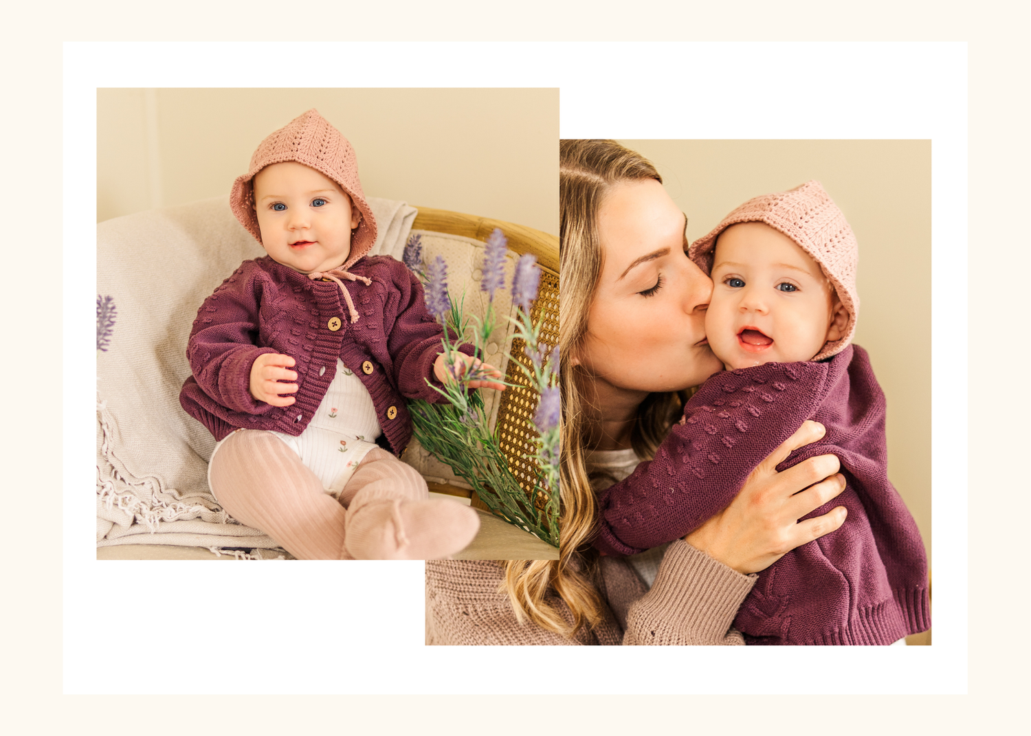 A baby in a plum-colored sweater lies on a cream-colored blanket with wicker basket props in a studio setting.