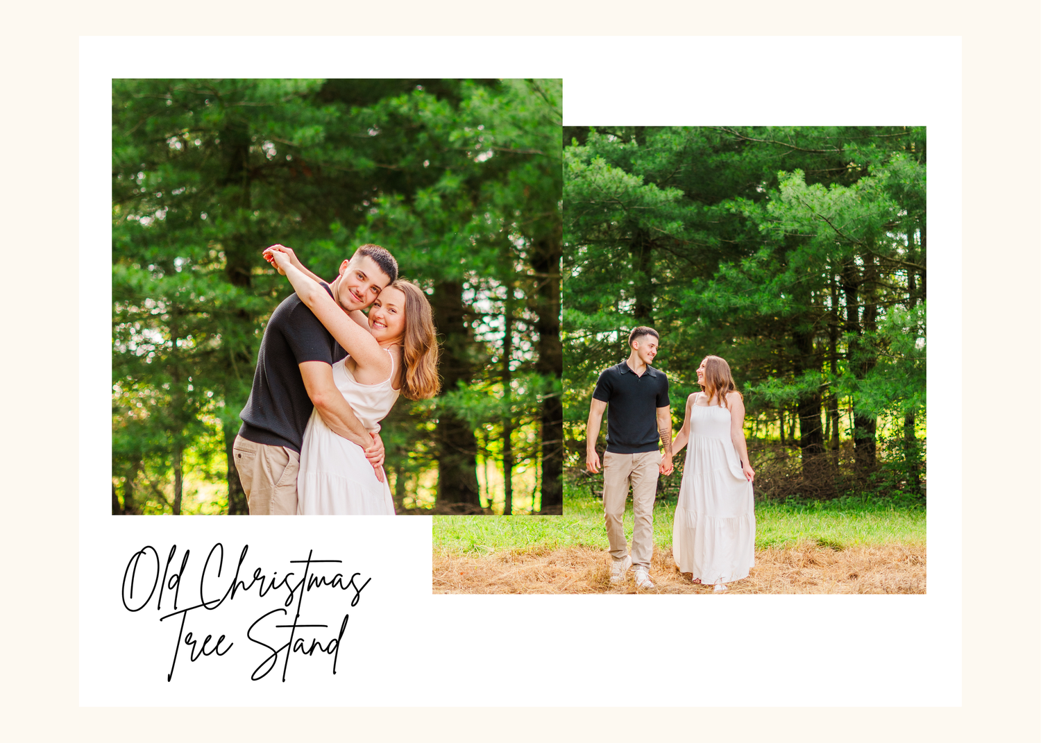 Couple embraces in a lush green park setting with a second couple walking in the background.