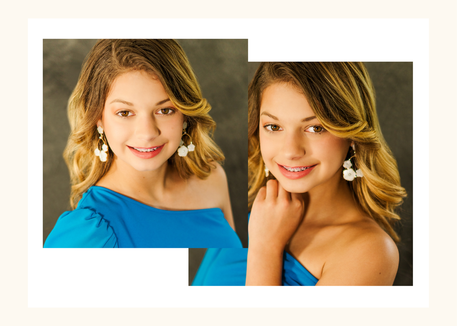 Professional portrait photography series showing different poses and expressions in bright studio lighting.