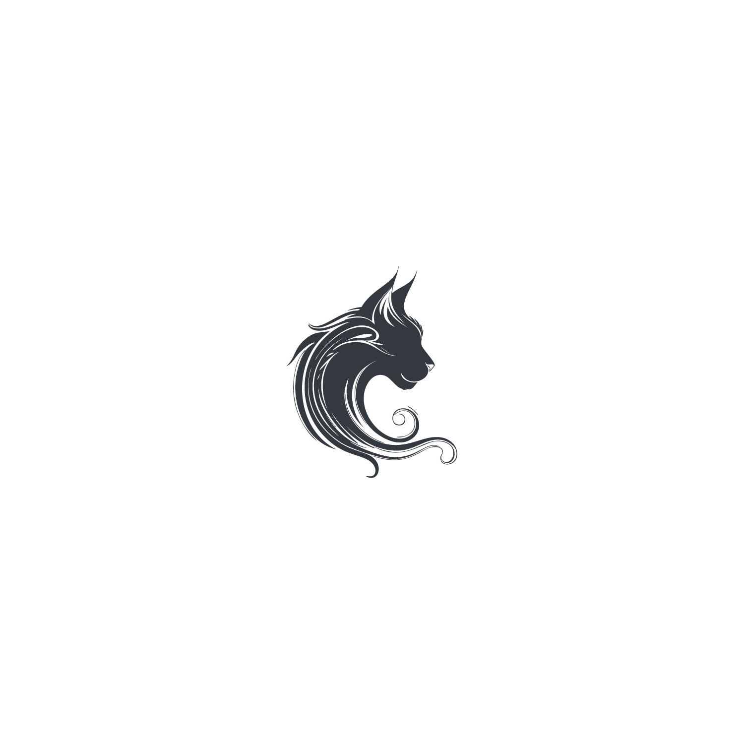 Elegant dark silhouette cat logo with decorative swirling fur details, minimalist design on white background.