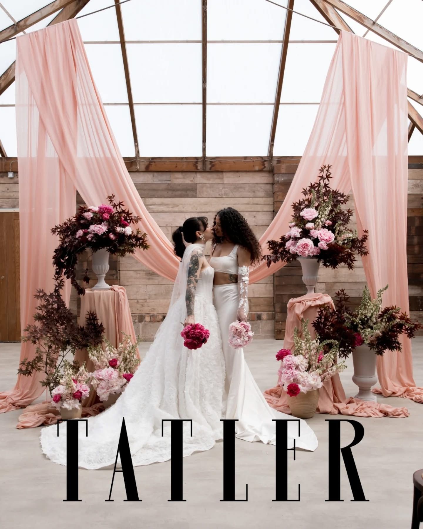 A series of bridal portraits in a rustic venue with pink draping and floral arrangements creates an elegant wedding scene.