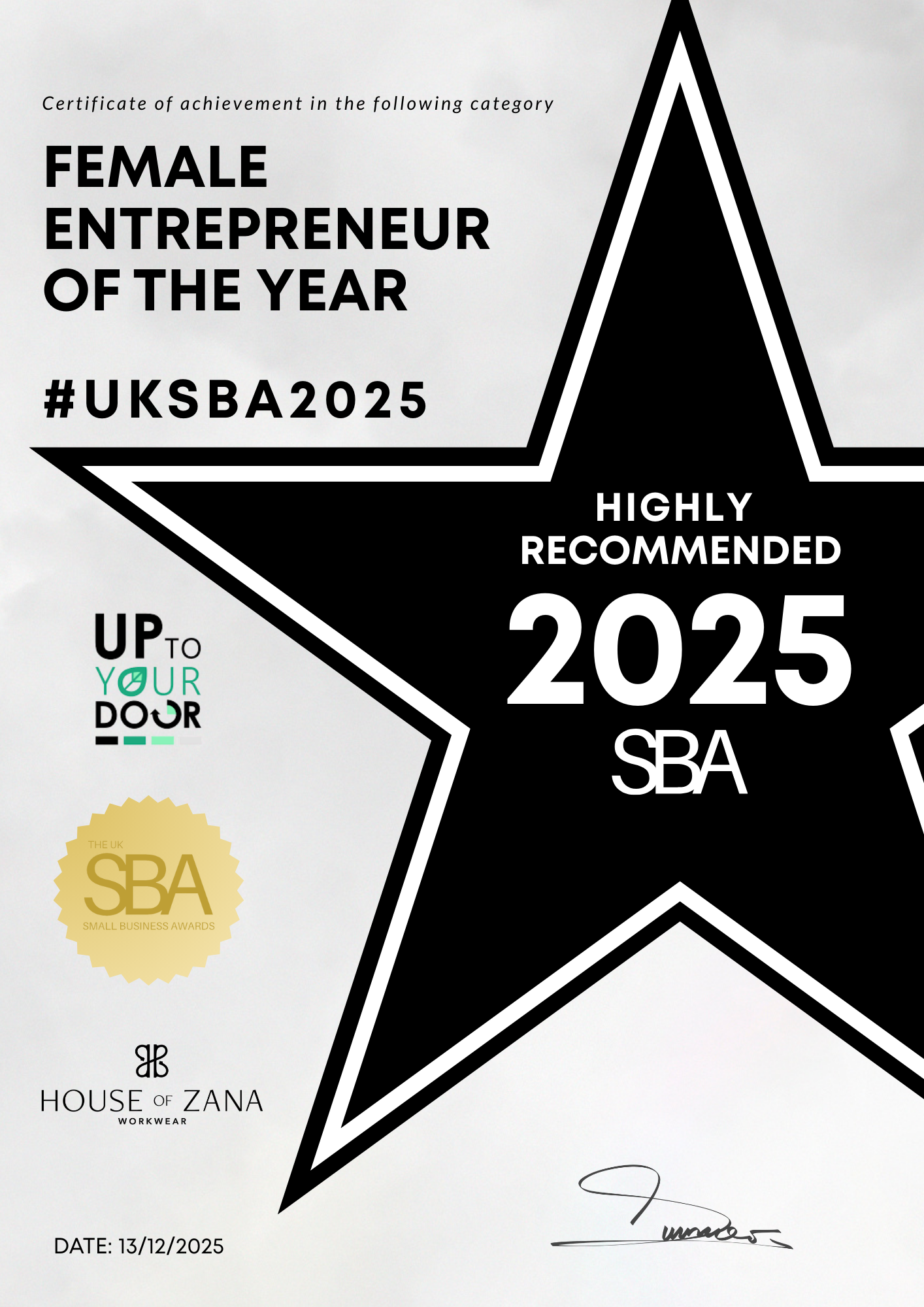 A black and white certificate design with star shapes showing Female Entrepreneur of the Year award for 2025.