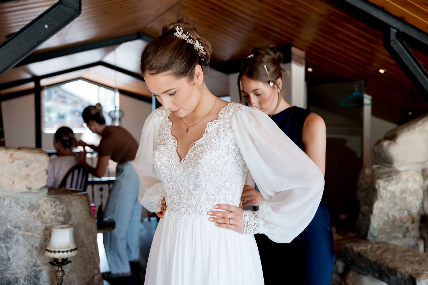 Getting ready moments captured during wedding day preparations.