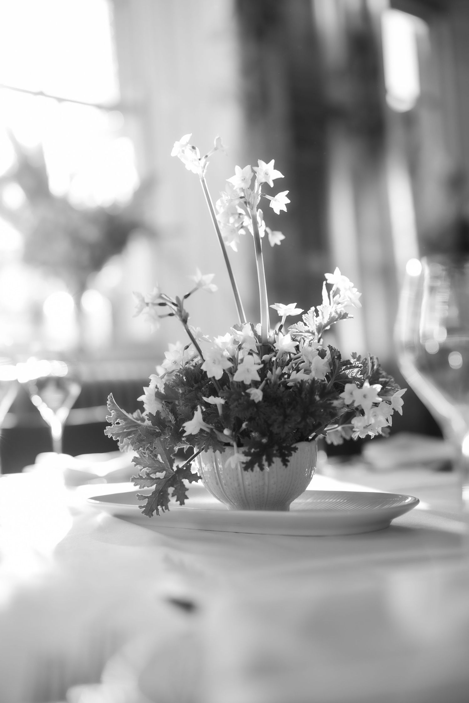 Elegant white floral centerpieces on tables at formal event.