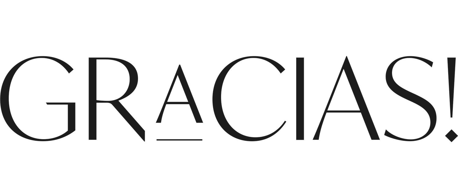Stylized typographic design of the Spanish word 'GRACIAS' in elegant black serif letters against white background.
