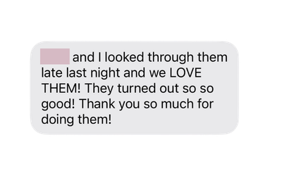 Screenshot of a text message expressing excitement and gratitude about reviewed items, saying they love them and turned out great.