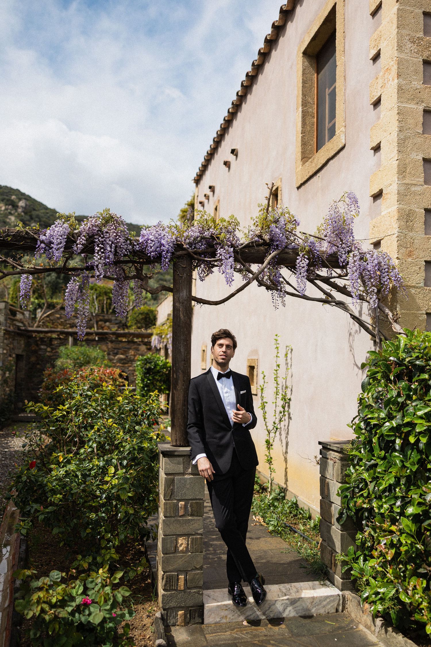 Greek wedding groom portrait in luxury resort in Athens