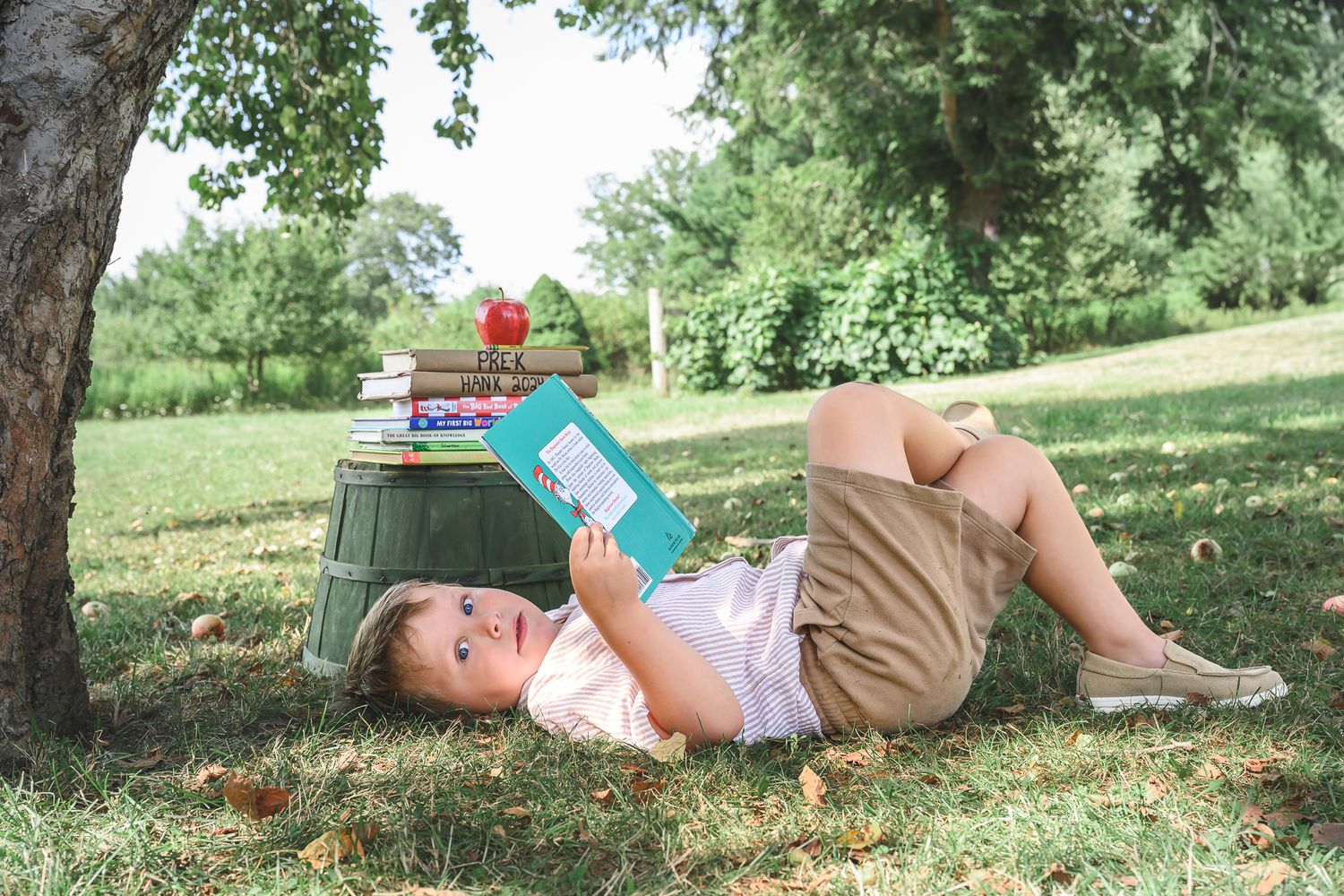 A young child reads a book while lying on grass under a tree, with a stack of books and an apple nearby.