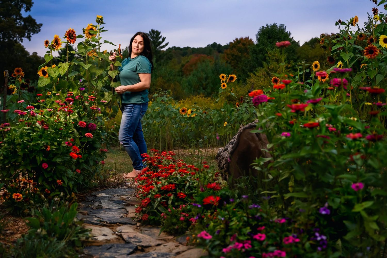 Woman in green shirt and jeans stands among vibrant sunflowers and zinnias in a lush garden path.