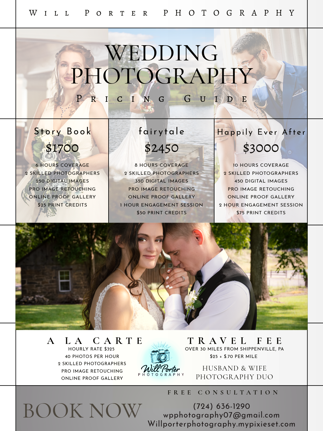Wedding photography pricing guide from Will Porter Photography featuring a couple embracing outdoors with package options starting at $1700.