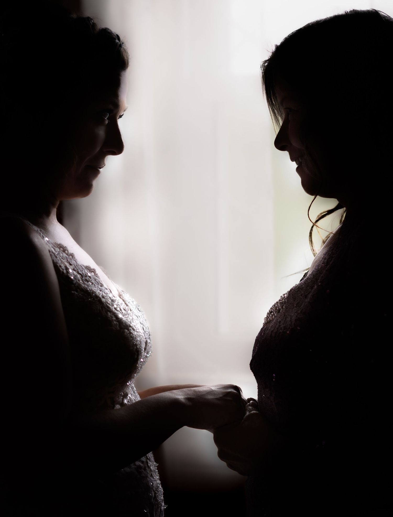 Two brides in lace wedding gowns hold hands in a romantic silhouette portrait by a bright window.