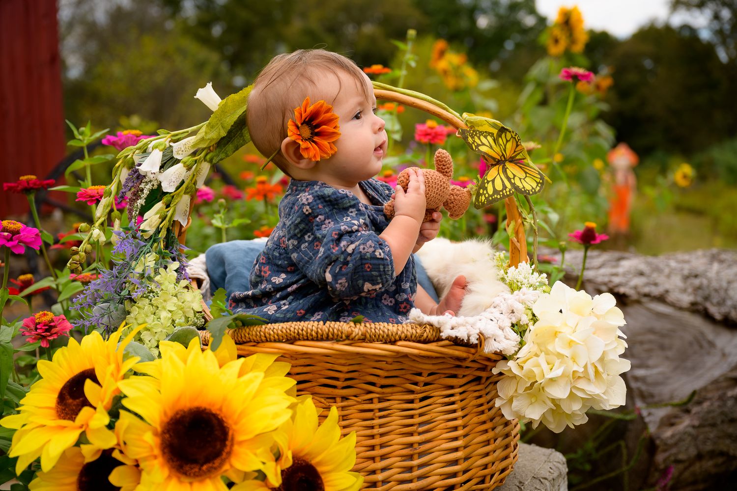 Adorable baby girl sitting in a wicker basket surrounded by sunflowers and colorful blooms in a garden.