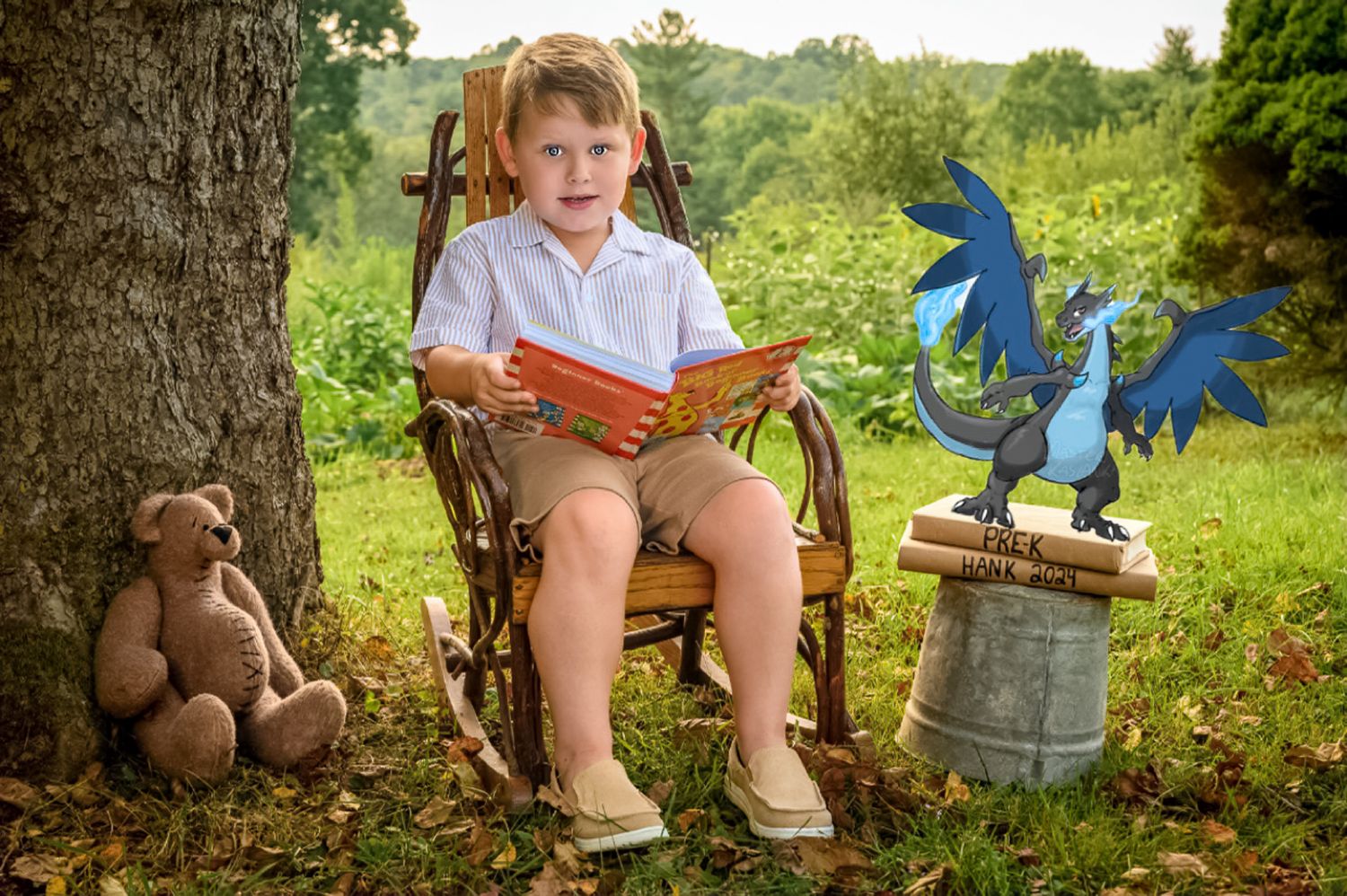 Young boy reads a book in a rustic rocking chair outdoors with a teddy bear and fantasy dragon.